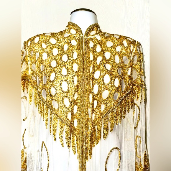 NWT Breathtaking Vtg Krishma Handmade Ivory & Gold Beads Embellished Net Duster - Picture 2 of 16